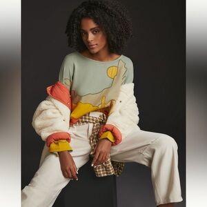 Anthropologie Landscape Cactus Sage Green Knit Sweatshirt L/XL